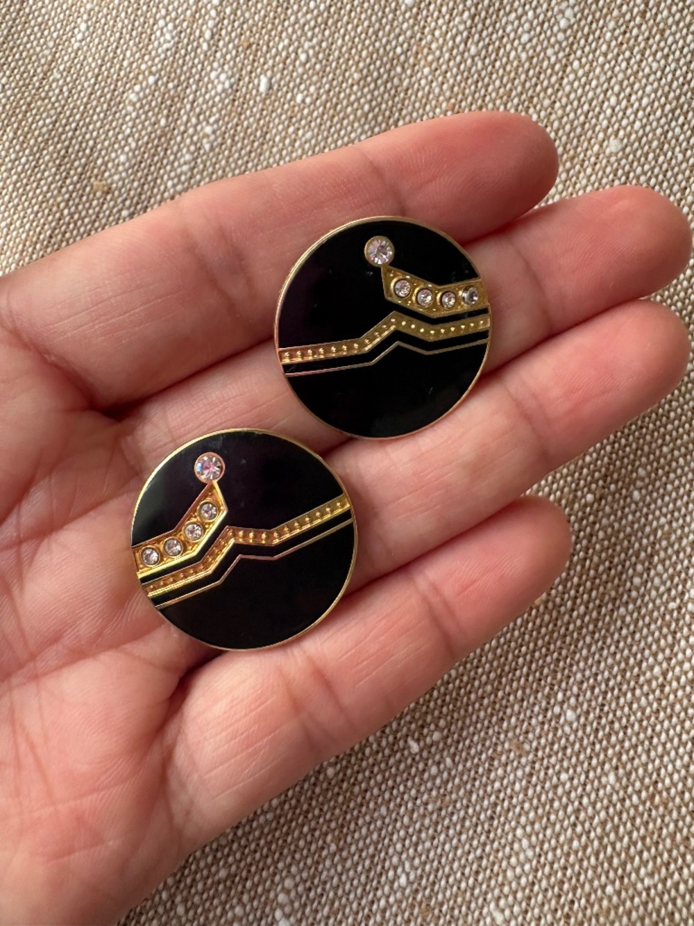 Vintage 80s Napier Black Enamel Gold Chevron Disc Earrings Art Deco Power Dress
